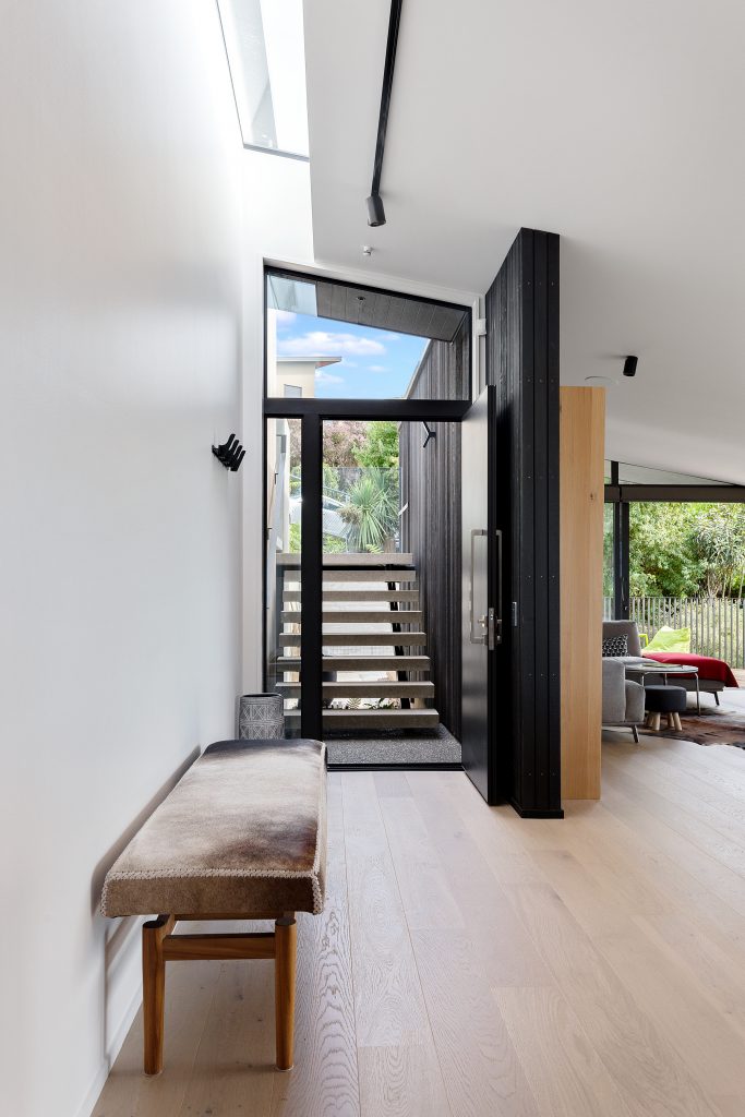Fleetwood Construction, Registered Master Builders, Christchurch, Governors Bay, House of the Year, New Build, Sheppard and Rout Architects, Architectural Build, custom stairs, Entrance, Cedar feature wall